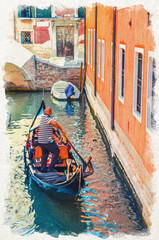 Watercolor drawing of Venice: bold gondolier on gondola with tourists people sailing in narrow water canal between old colorful buildings in historical city centre, Veneto Region © Aliaksandr
