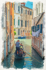 Fototapeta na wymiar Watercolor drawing of Venice: Gondola sailing narrow canal between old buildings with brick walls. Gondolier dressed traditional white and blue striped short-sleeved polo shirt and boater hat