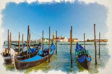 Watercolor drawing of Gondolas moored docked on water in Venice. Gondoliers sailing San Marco basin waterway. San Giorgio Maggiore island with Campanile San Giorgio in Venetian Lagoon