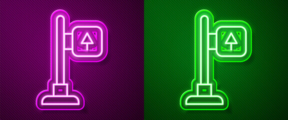 Glowing neon line Road traffic sign. Signpost icon isolated on purple and green background. Pointer symbol. Street information sign. Direction sign. Vector.