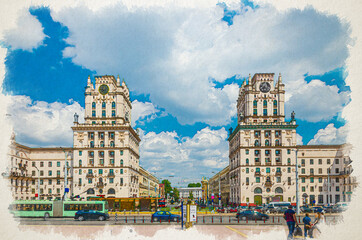 Watercolor drawing of Minsk: The Gates of Minsk two tall towers Socialist Classicism Stalin Empire style buildings with clock on Railway Station Square, blue sky white clouds in sunny summer day