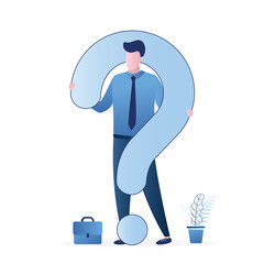 Businessman with big question mark. Solving business problems. Handsome manager thinking and makes choice.