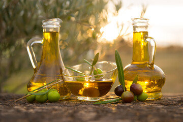 fresh olives and olive oil in their natural environment