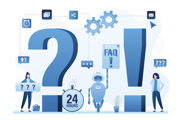 People ask questions, hotline or 24 hours support. Chat Bot gives answers, FAQ or user guide. Automated assistance technology