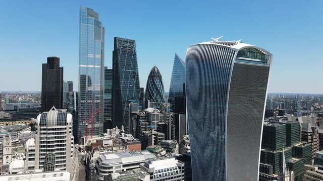 Stunning Aerial cityscape shot taken in summer 2020 showcasing the classic skyline of london business center, Skygarden.