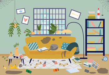 Dirty untidy living room in house a vector flat illustration