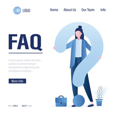 FAQ landing page template. Businesswoman with big question mark. User guide or manual, banner. Solving business problems.