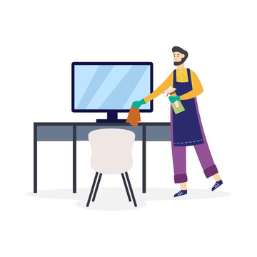 Man cleaning workplace using cleaners, flat cartoon vector illustration isolated