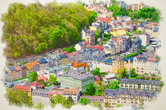 Watercolor drawing of Karlovy Vary Karlsbad historical city centre top aerial view with colorful beautiful buildings, Slavkov Forest hills with green trees on slope, West Bohemia, Czech Republic