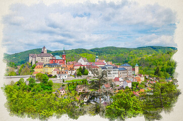 Fototapeta na wymiar Watercolor drawing of Aerial panoramic view of medieval Loket town with Loket Castle Hrad Loket gothic style on massive rock, colorful buildings, Karlovy Vary Region, West Bohemia, Czech Republic