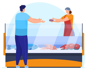 Fototapeta na wymiar Man buys fish fillet in supermarket, seller weighs goods, vector illustration
