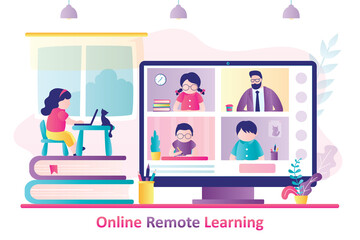 Online remote learning. Schoolgirl at workplace, video conference with teacher and other schoolchildren.