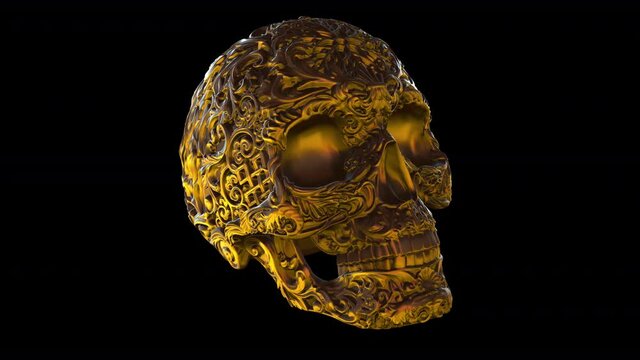 Seamless elegant animation carving gold metal skull with alpha channel. Hypnotic halloween dark background.