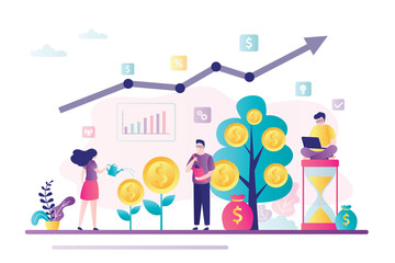 Fototapeta premium Group of successful investors or business people growths profit. Earnings on stock exchange, investments. Growing stock market,