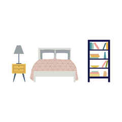 Bedroom furniture cartoon icons set with bed flat vector illustration isolated.