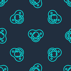 Green line Baby dummy pacifier icon isolated seamless pattern on blue background. Toy of a child. Vector.