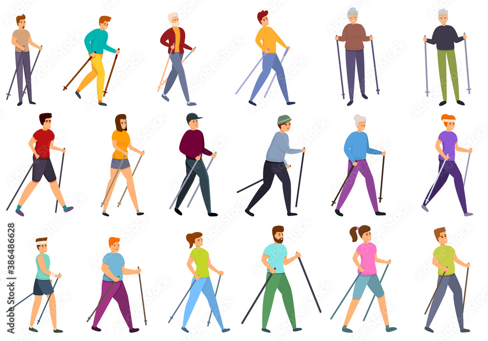 Poster nordic walking icons set. cartoon set of nordic walking vector icons for web design