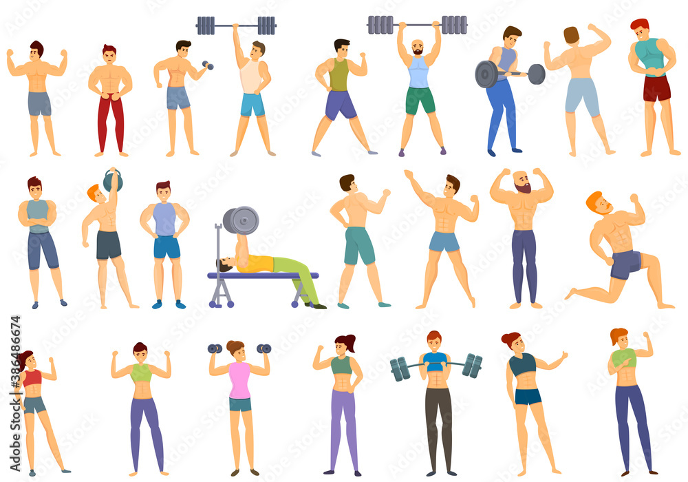 Poster bodybuilding icons set. cartoon set of bodybuilding vector icons for web design