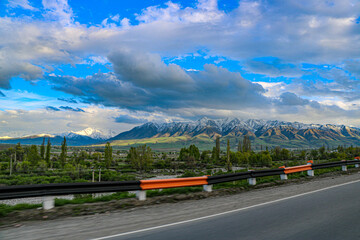 Gorgeous view of Kyrgyzstan mountains from the road