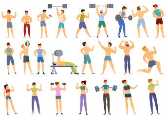 Bodybuilding icons set. Cartoon set of bodybuilding vector icons for web design