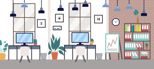 Clean office interior inside view with furniture, flat vector illustration.