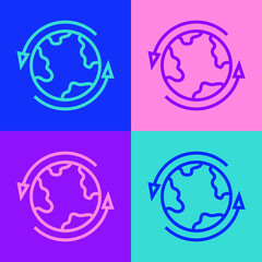 Pop art line Worldwide icon isolated on color background. Pin on globe. Vector.