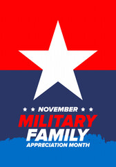 National Military Family Month in United States. Celebrate annual in November. Thank you for military family. Patriotic american elements. Poster, card, banner, background. Vector illustration