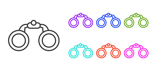 Black line Binoculars icon isolated on white background. Find software sign. Spy equipment symbol. Set icons colorful. Vector.