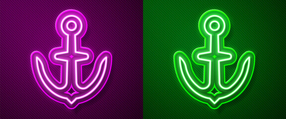 Glowing neon line Anchor icon isolated on purple and green background. Vector.