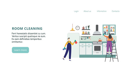Vector illustration with persons cleaning kitchen room a landing page template