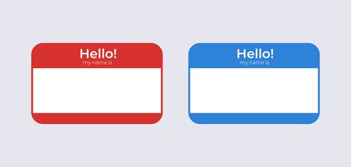 Hello my name is badge template. Identification blue label with name of character attached red badge for presentation.