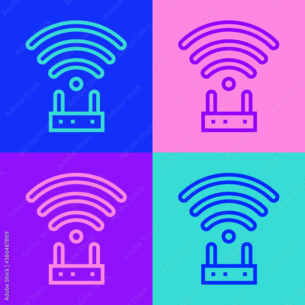Poster pop art line router and wi-fi signal icon isolated on color background. wireless ethernet modem rout