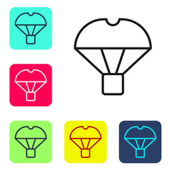 Black line Box flying on parachute icon isolated on white background. Parcel with parachute for shipping. Delivery service, air shipping. Set icons in color square buttons. Vector.