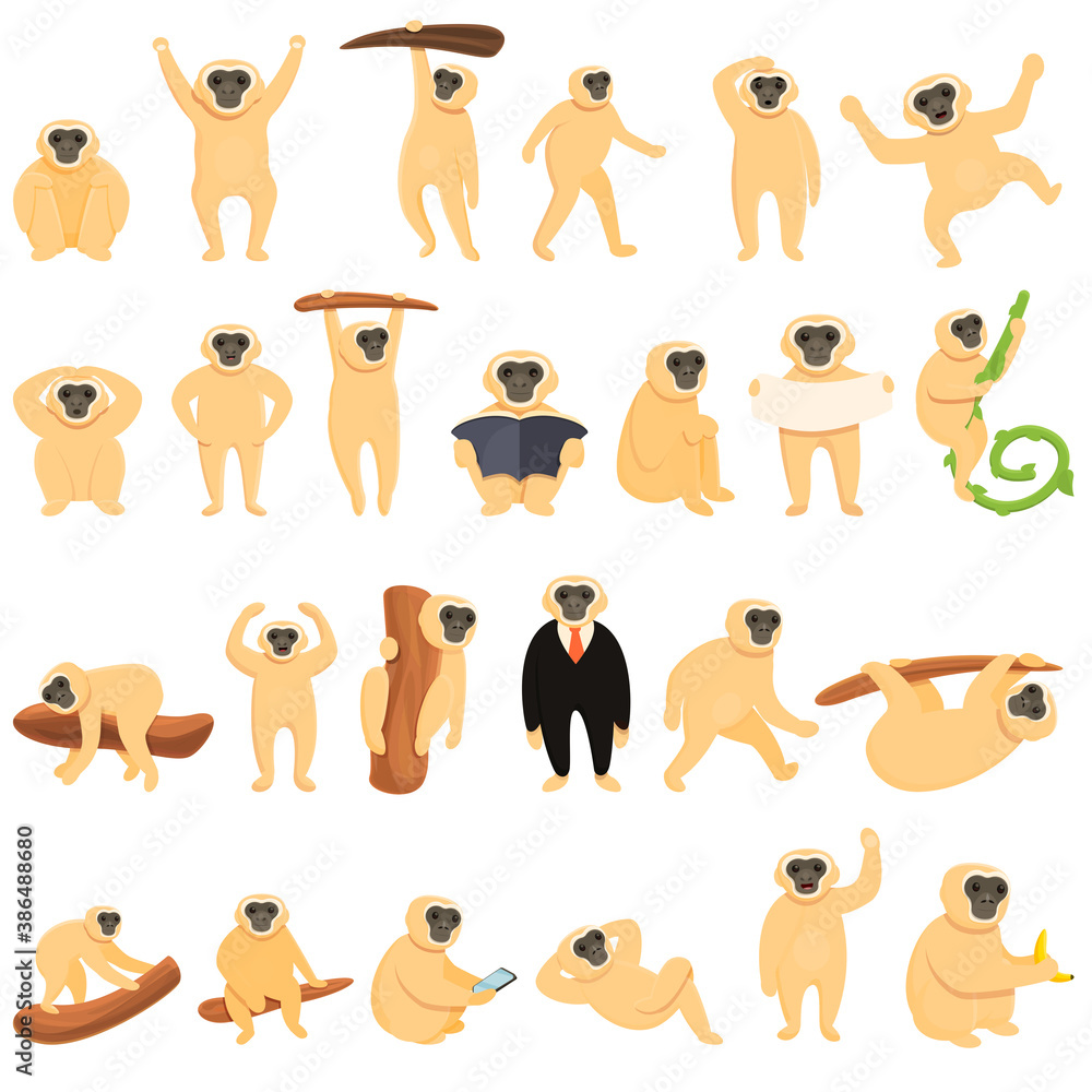 Poster gibbon icons set. cartoon set of gibbon vector icons for web design