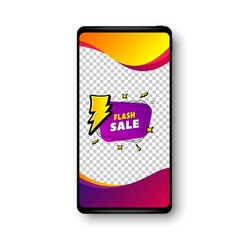 Flash sale banner. Phone mockup vector banner. Discount sticker shape. Coupon bubble icon. Social story post template. Flash sale badge. Cell phone frame. Liquid modern background. Vector