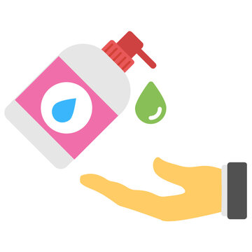 
Liquid drop popping out from a push button bottle and falling on a hand, graphic depicting hand sanitizer icon 
