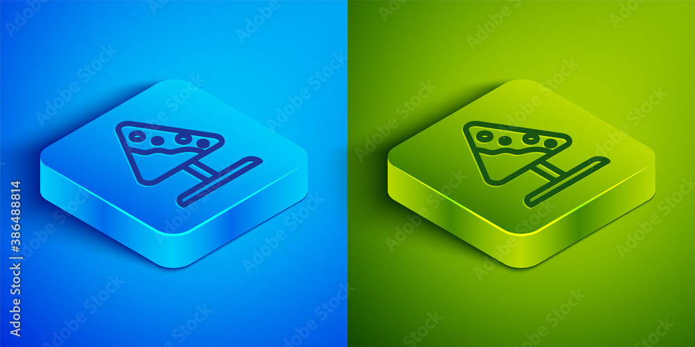 Poster isometric line road sign avalanches icon isolated on blue and green background. snowslide or snowsli