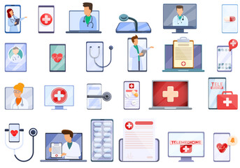 Telemedicine icons set. Cartoon set of telemedicine vector icons for web design