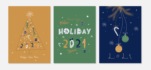 Set of three graceful Christmas cards with lettering. Christmas and New Year postcards. Hand Drawn style. Flat doodle holiday postcards template