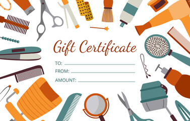 Gift certificate card for visit to hairdresser, flat cartoon vector illustration