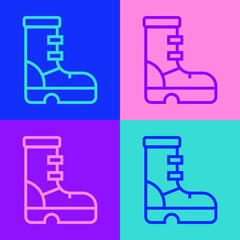 Pop art line Waterproof rubber boot icon isolated on color background. Gumboots for rainy weather, fishing, gardening. Vector.