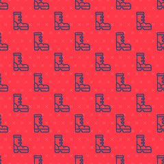 Blue line Waterproof rubber boot icon isolated seamless pattern on red background. Gumboots for rainy weather, fishing, gardening. Vector.