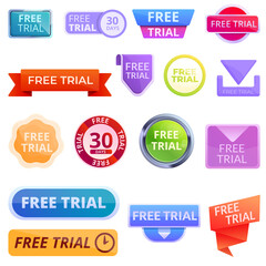 Free trial version icons set. Cartoon set of free trial version vector icons for web design