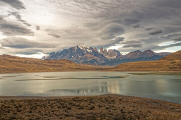 Chile Sarmiento Lake – postcard views of mountain peaks.