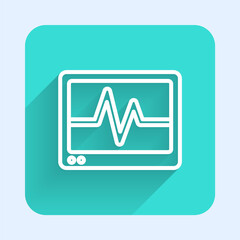 White line Computer monitor with cardiogram icon isolated with long shadow. Monitoring icon. ECG monitor with heart beat hand drawn. Green square button. Vector.