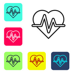 Black line Heart rate icon isolated on white background. Heartbeat sign. Heart pulse icon. Cardiogram icon. Set icons in color square buttons. Vector.