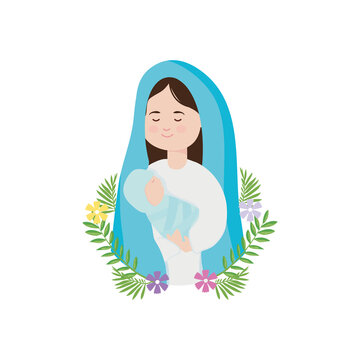 Nativity scene concept, cartoon virgin mary holding a baby jesus in her arms and decorative flowers around, flat style