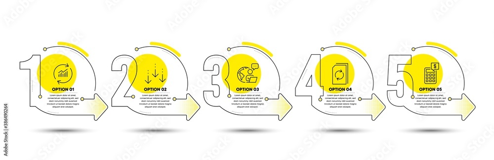 Poster calculator, update document and update data line icons set. timeline process infograph. scroll down 