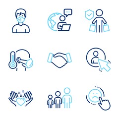 Obraz na płótnie Canvas People icons set. Included icon as Sick man, Handshake, Buyer insurance signs. Medical mask, User, Business hierarchy symbols. Dislike, Hold heart line icons. Epidemic protection, Deal hand. Vector