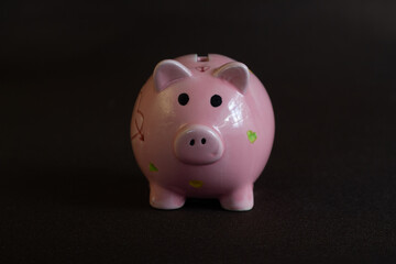 Pink piggy money box on dark background